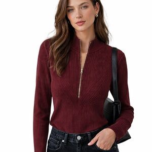 White House Black Market Burgundy Ribbed Half-Zip Mock Neck Top Size Large